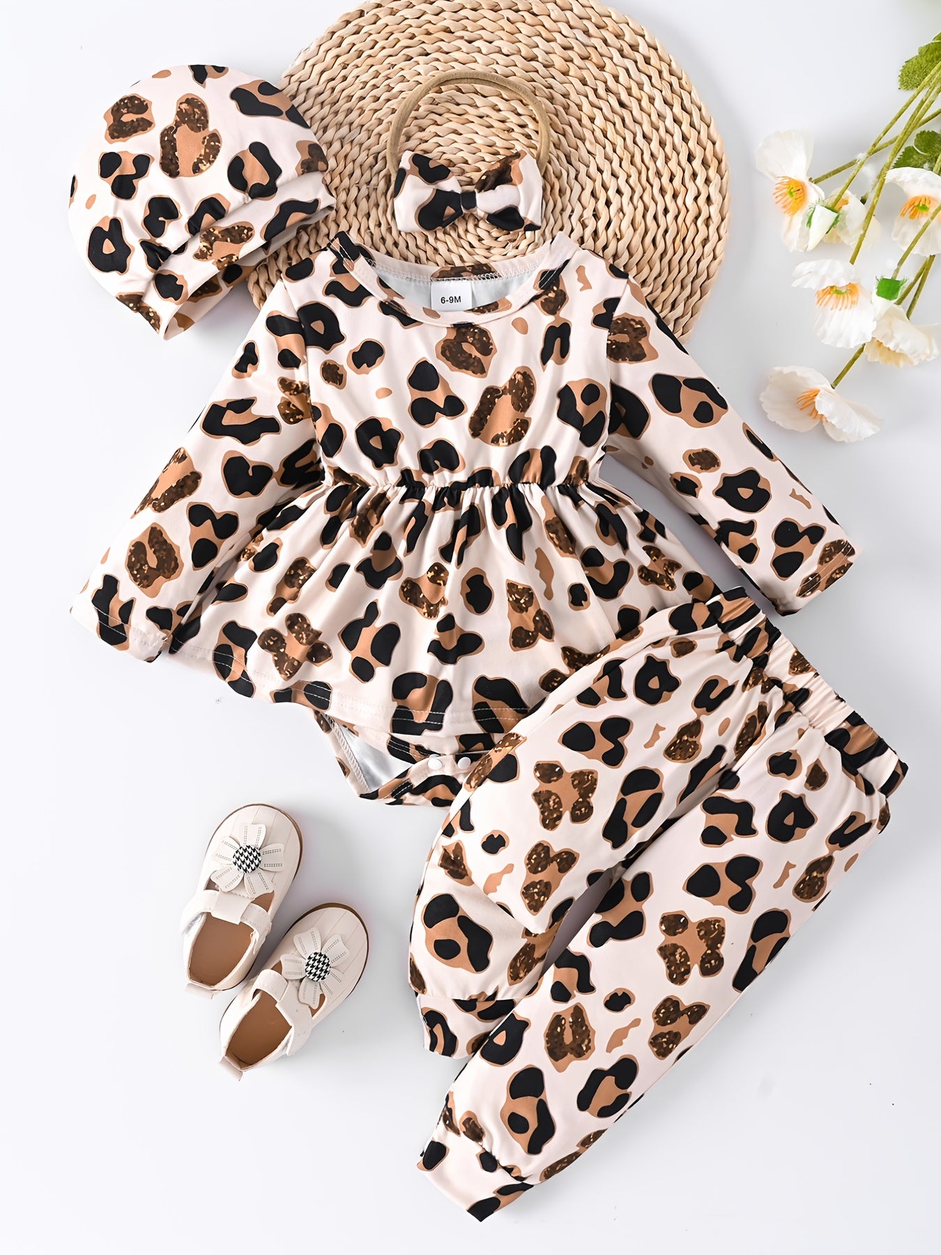 Baby Girls Leopard Print 4pcs Outfit Set Spring Autumn Clothes