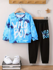 Boy's Tie Dye WILD BOY Print 2pcs Sweatshirt & Sweatpants Set