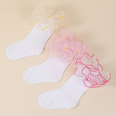 3 Pairs Girls Kids Lace Ruffled Floral Print Sweet Socks Breathable Comfy Socks