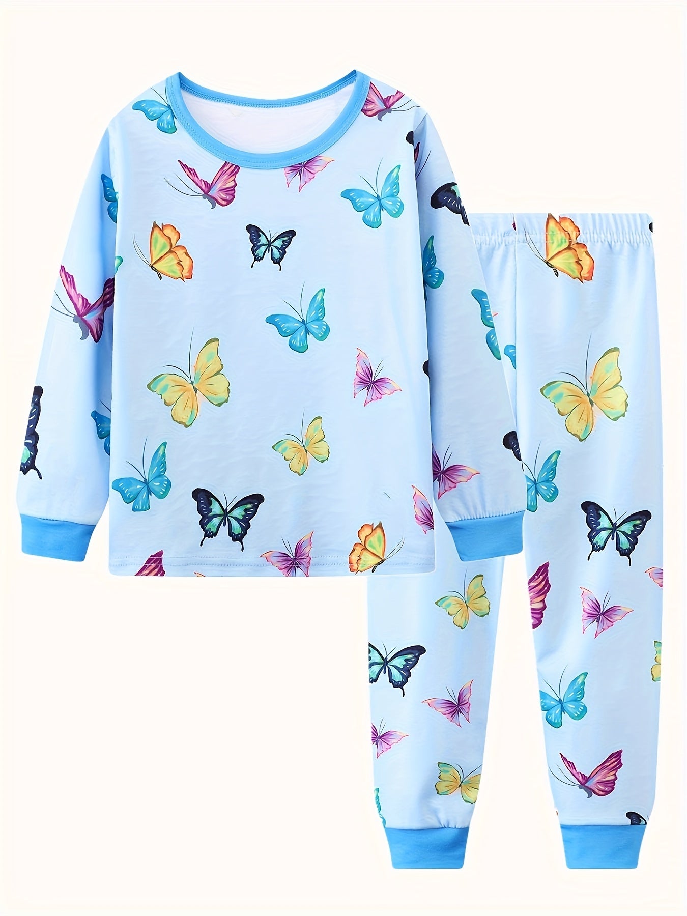 Girls Butterfly Print Pajamas Set Long Sleeve Top & Pants