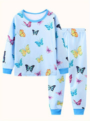 Girls Butterfly Print Pajamas Set Long Sleeve Top & Pants