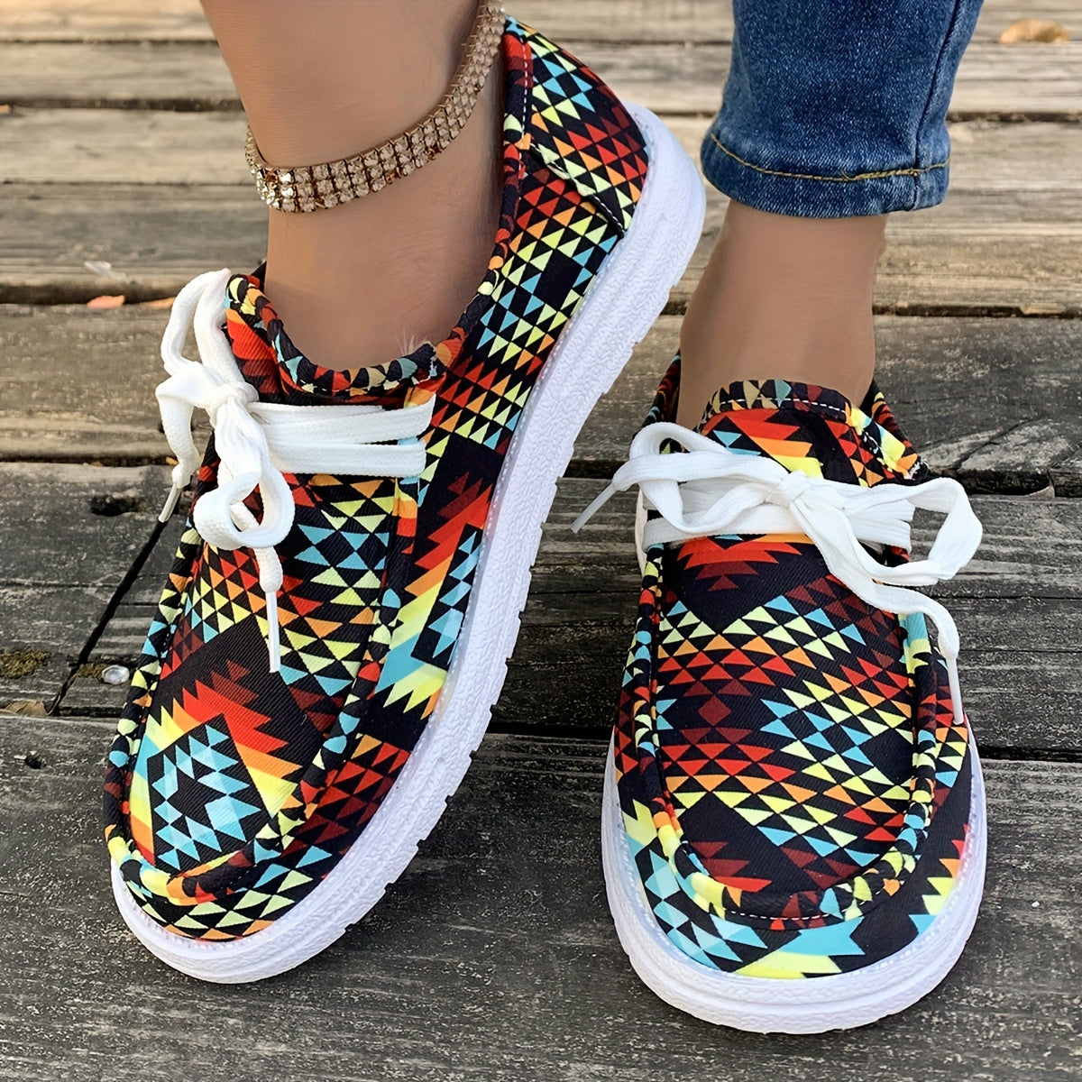 Geometric Pattern Flat Lace Up Loafers Shoes Colorful Non Slip Canvas Sneakers