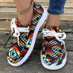 Geometric Pattern Flat Lace Up Loafers Shoes Colorful Non Slip Canvas Sneakers