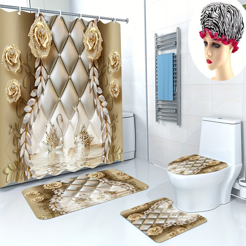 5pcs Waterproof Shower Curtain Set with 12 Hooks