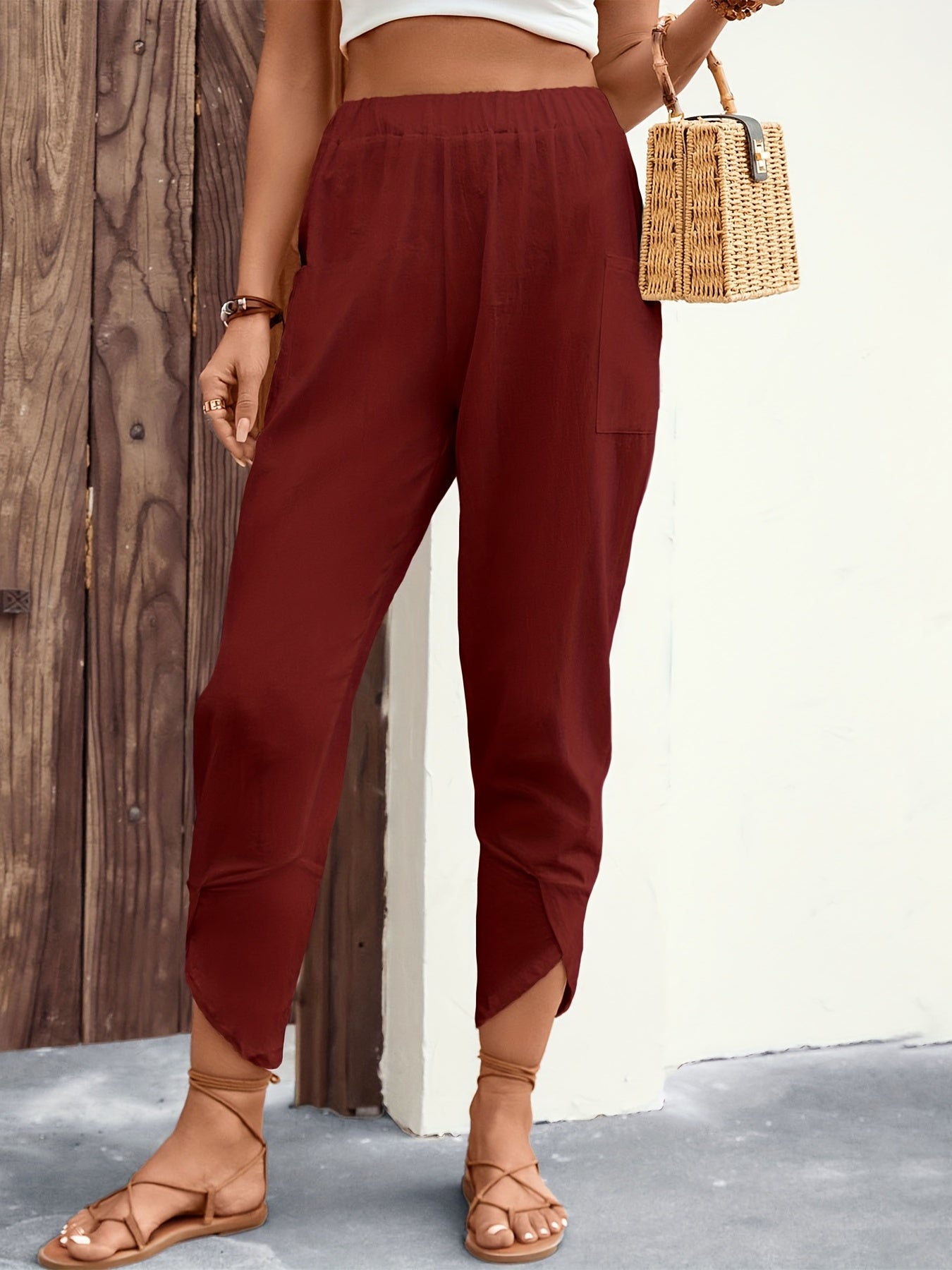 Minimalist Elastic Waist Carrot Pants Solid Color Casual Women's Clothing