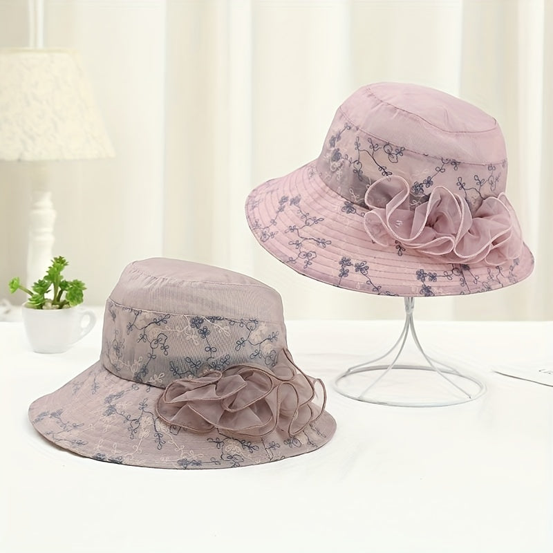 Flower Decor Gauze Bucket Hat Embroidery Basin Hat Casual Fisherman Cap