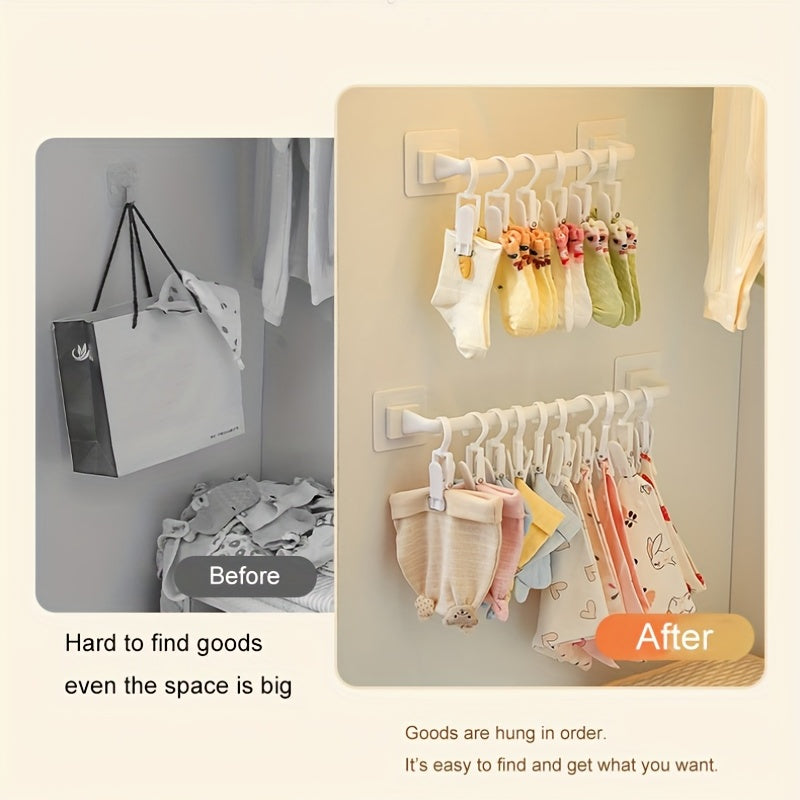 Kids Wardrobe Hanging Rod Stick Wall Storage Hanging Rack With Clip