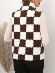 Plaid Zip Up Vest Jacket Casual Pockets Thermal Teddy Vest