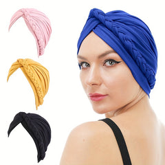 Solid Braided Turban Elastic Chemo Cap Hijab Bonnet Headwear Beanie Cap