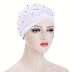 Faux Pearl Decor Turban Solid Beanies Head Scarf Lightweight Elastic Chemo Cap