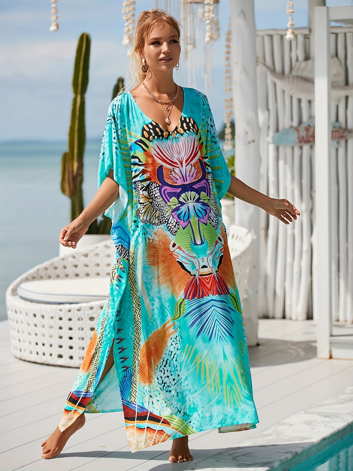 Boho Cover Up Women's Plus Allover Print Batwing Sleeve