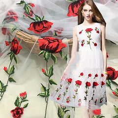 Rose Flower Embroidery Lace Fabric for Women's Dress