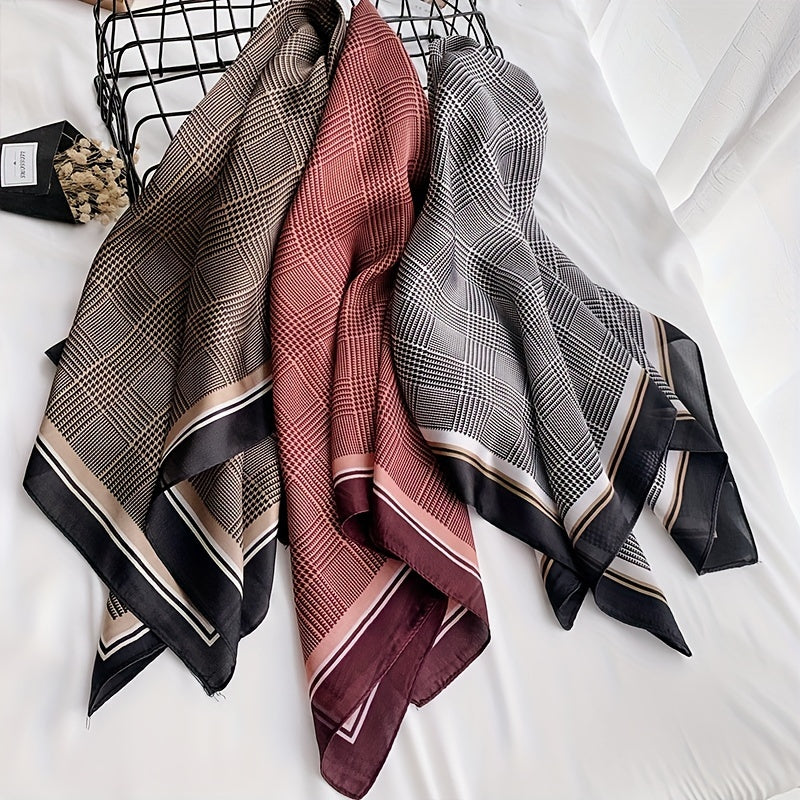 Houndstooth Print Square Scarf Vintage Silk Shawl Women Head Wrap Satin Bandana