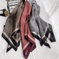 Houndstooth Print Square Scarf Vintage Silk Shawl Women Head Wrap Satin Bandana