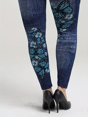 Denim & Butterfly Print High Rise Leggings