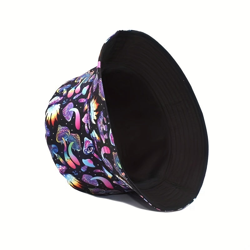 Unisex Sunshade Bucket Hat With Mushroom Skull Print for Outdoor Travel