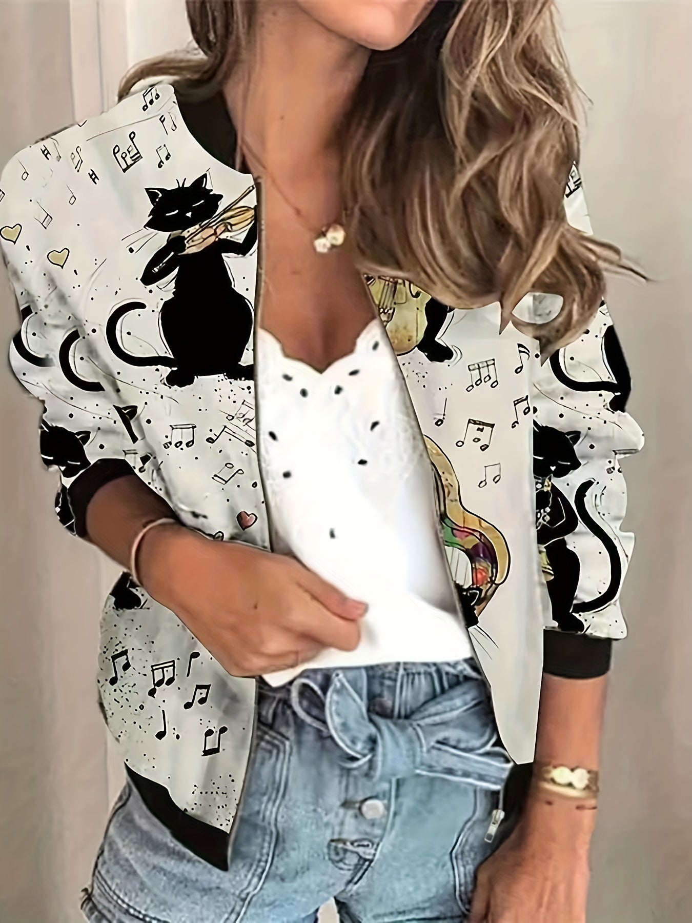 Graphic Print Zipper Jacket Baseball Neck Outerwear