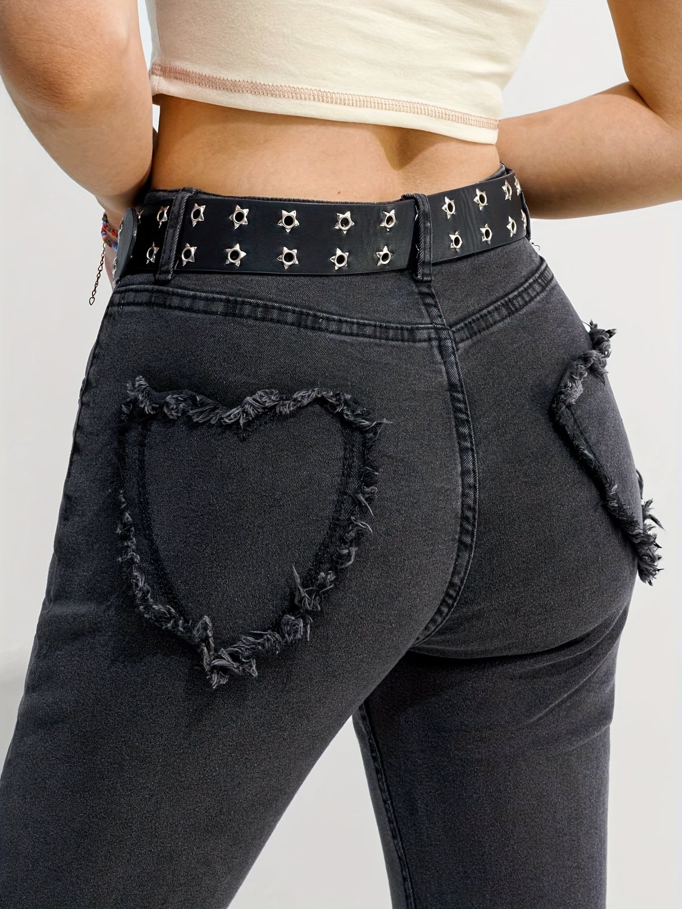 Heart Shape Flare Leg Jeans High Rise Denim Pants