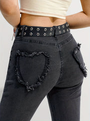 Heart Shape Flare Leg Jeans High Rise Denim Pants