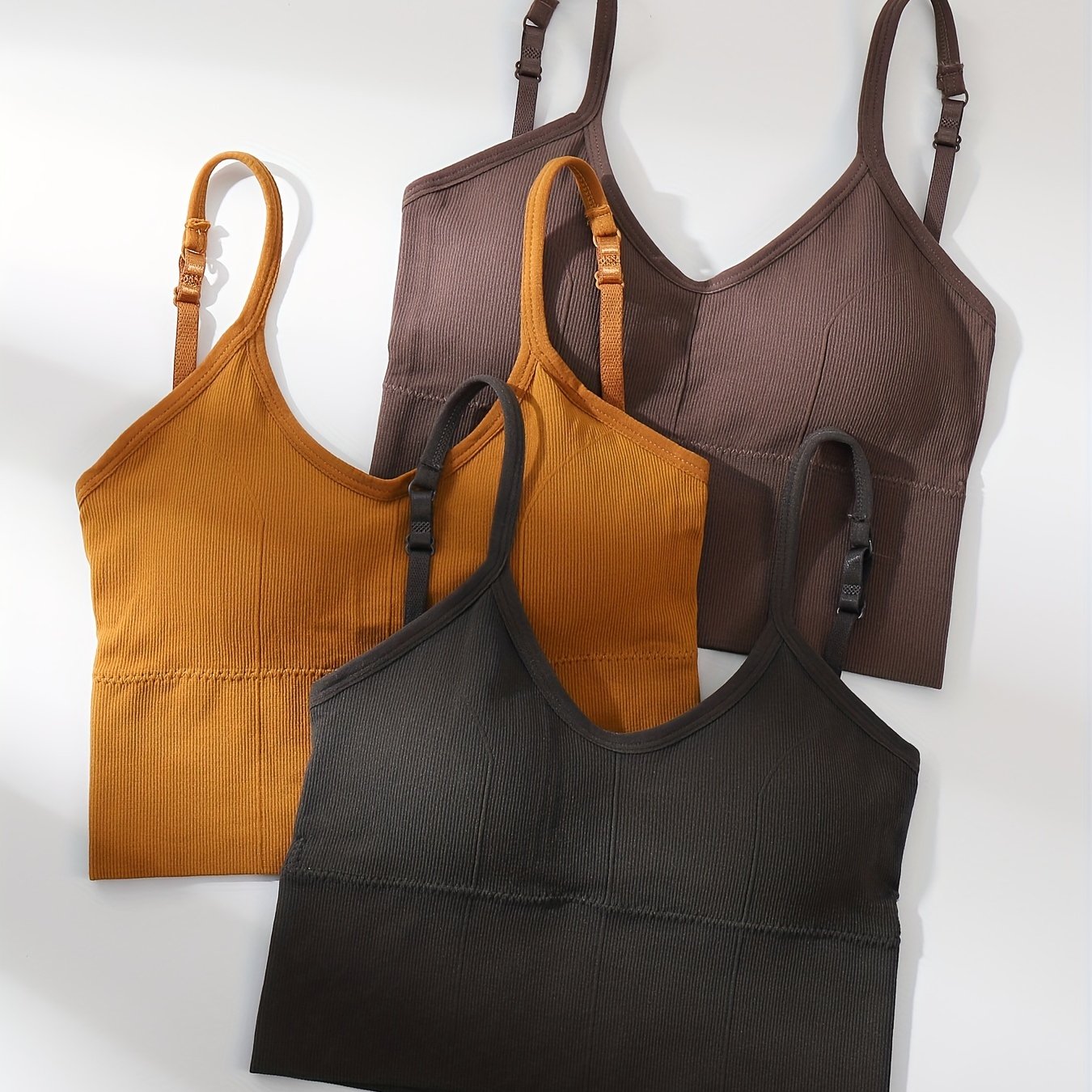 3pcs Solid Ribbed Cami Tops V Neck Sleeveless Sports Top Women's Lingerie