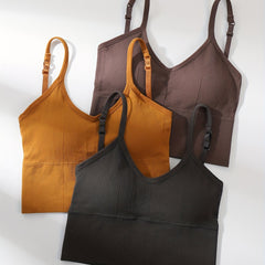 3pcs Solid Ribbed Cami Tops V Neck Sleeveless Sports Top Women's Lingerie
