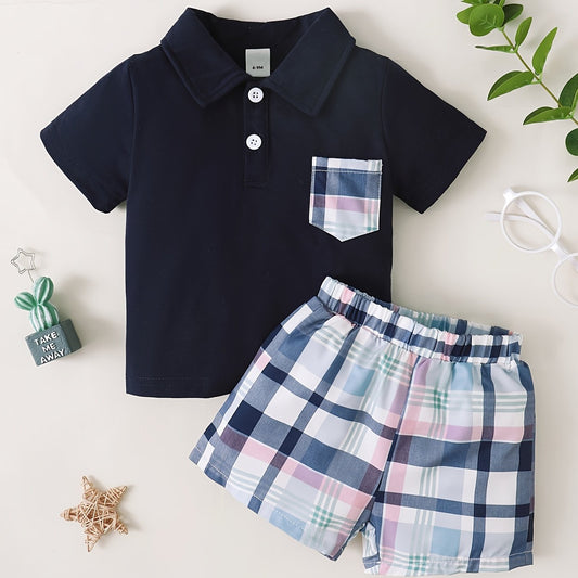 2pcs Baby Boys Short Sleeve Shirt & Plaid Shorts Set Summer Outfit