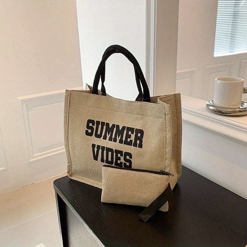 Letter Print Canvas Handbag With Coin Bag Portable Double Handle Tote Bag
