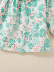 Girl's Plant Print Suit Doll Collar Top Pants Set