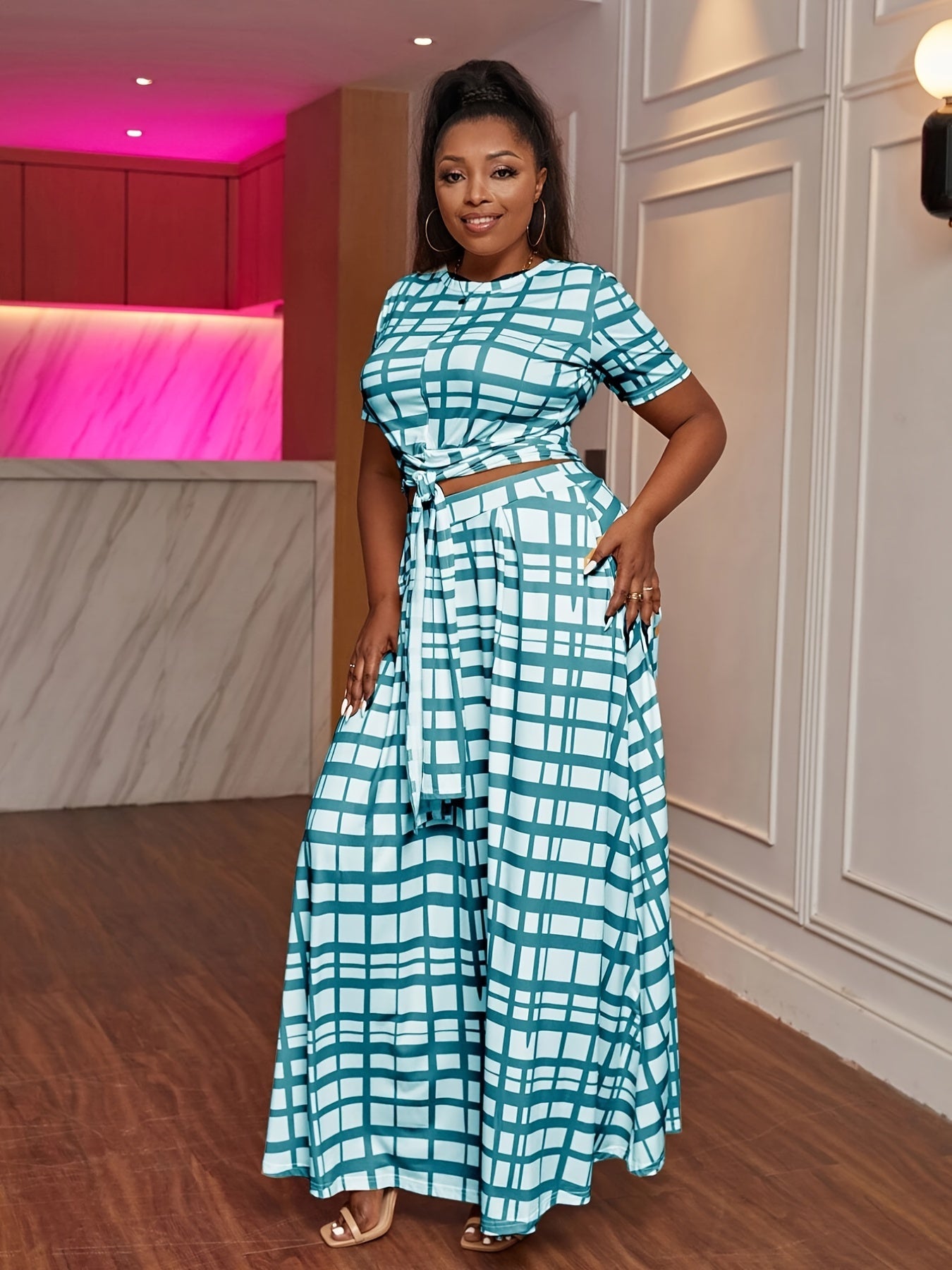 Grid Print Knot Front Top & Skirt Set Women's Plus Casual 2pcs Set