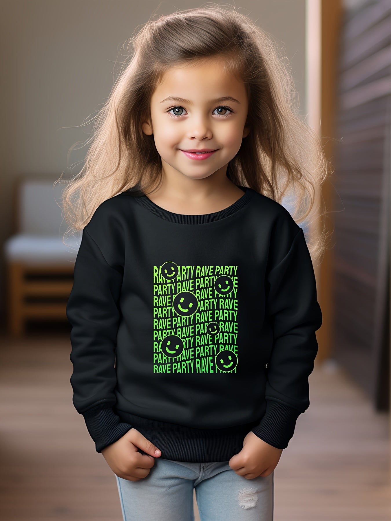 Breathable Smile & PAVE PARTY Graphic Crew Neck Long Sleeve Sweatshirt