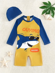 Boy's Cartoon Sunglasses Shark Pattern Swimsuit 2pcs Set