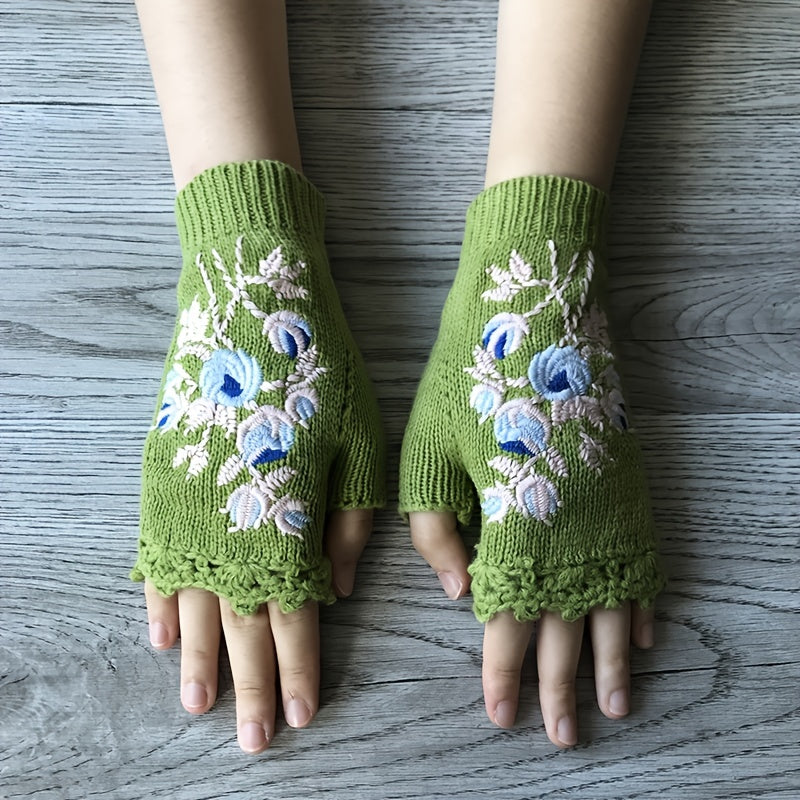 Floral Crocheted Gloves Flower Arm Warmers Knitted Gloves For Women Winter Long
