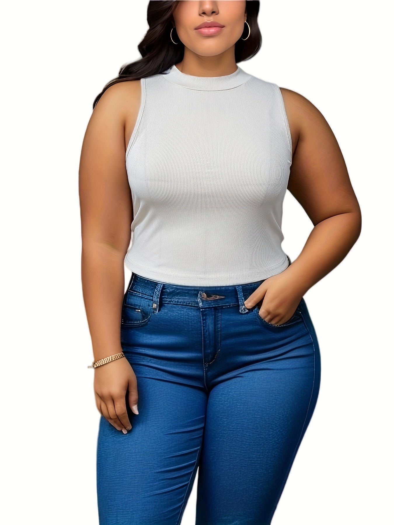 3 Pcs Plus Size Tank Top Set Women's Plus Solid Crew Neck