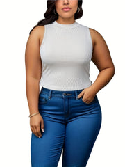 3 Pcs Plus Size Tank Top Set Women's Plus Solid Crew Neck