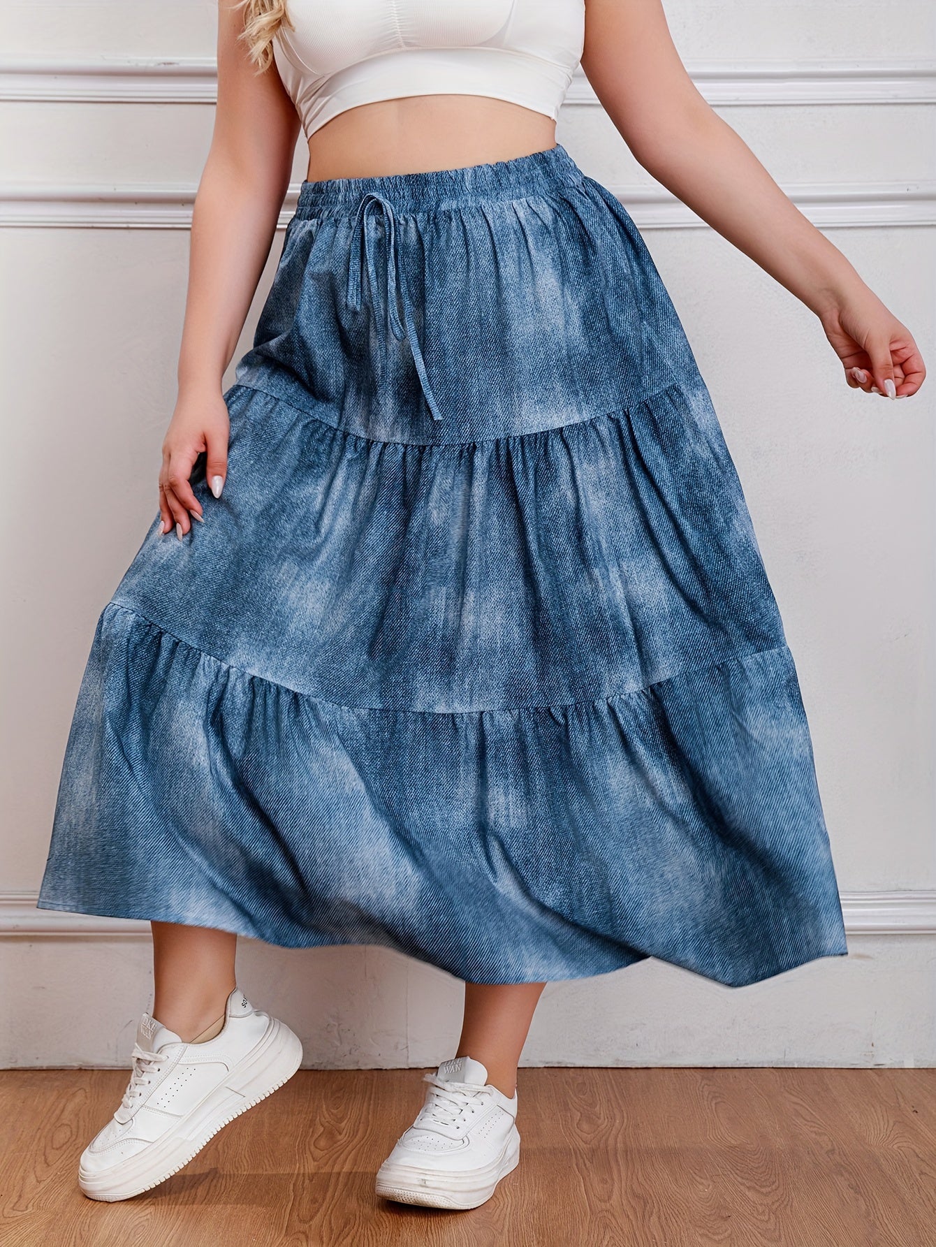 Ombre Denim Print Elastic High Rise Maxi Skirt