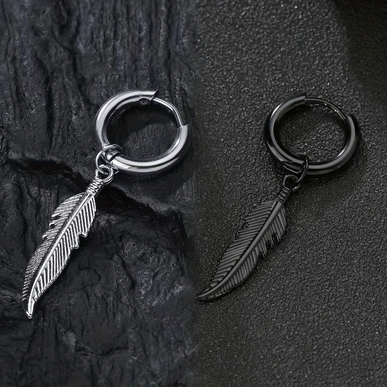 Punk Style Feather Pendant Steel Earrings