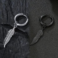 Punk Style Feather Pendant Steel Earrings