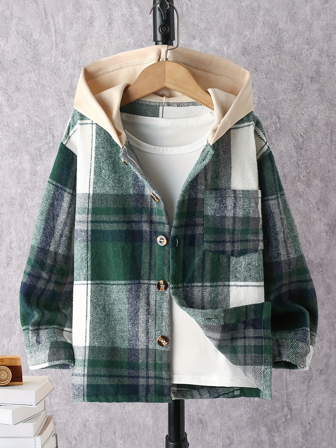 Boys Plaid Print Hooded Shirt Coat Long Sleeve Casual Button Closure