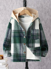 Boys Plaid Print Hooded Shirt Coat Long Sleeve Casual Button Closure