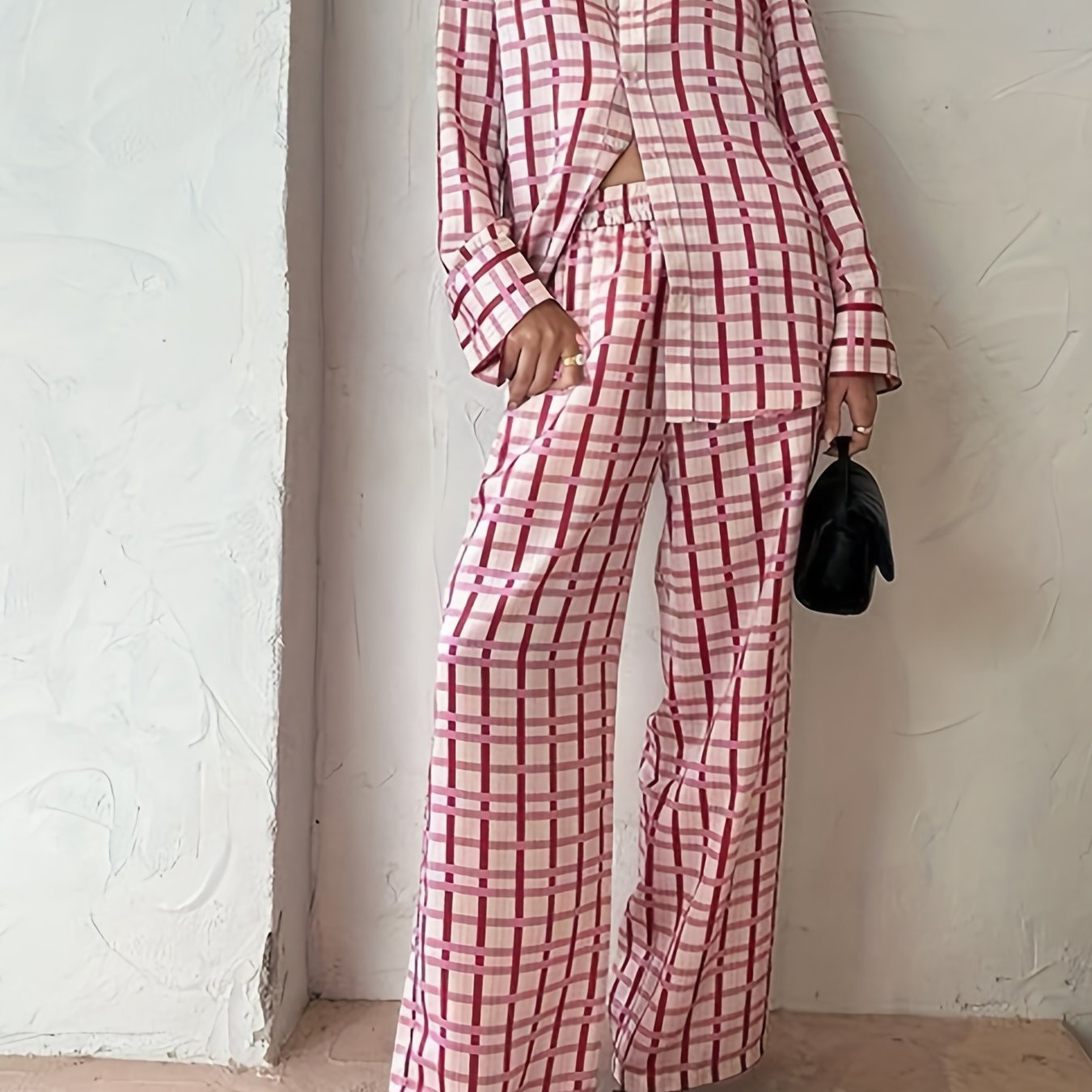 Women's Plus Plaid Button Up Shirt & Wide Leg Pants Set