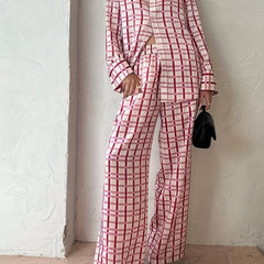 Women's Plus Plaid Button Up Shirt & Wide Leg Pants Set