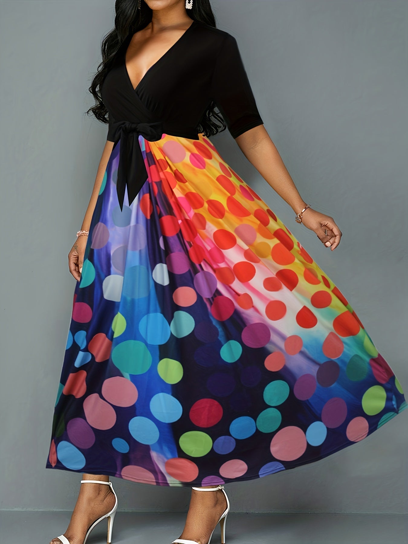 Colorblock Ombre Dot Print Maxi Dress