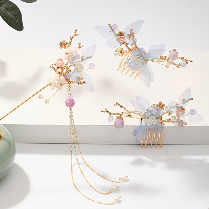 Faux Pearl Butterfly Flower Hairpin Headband Set