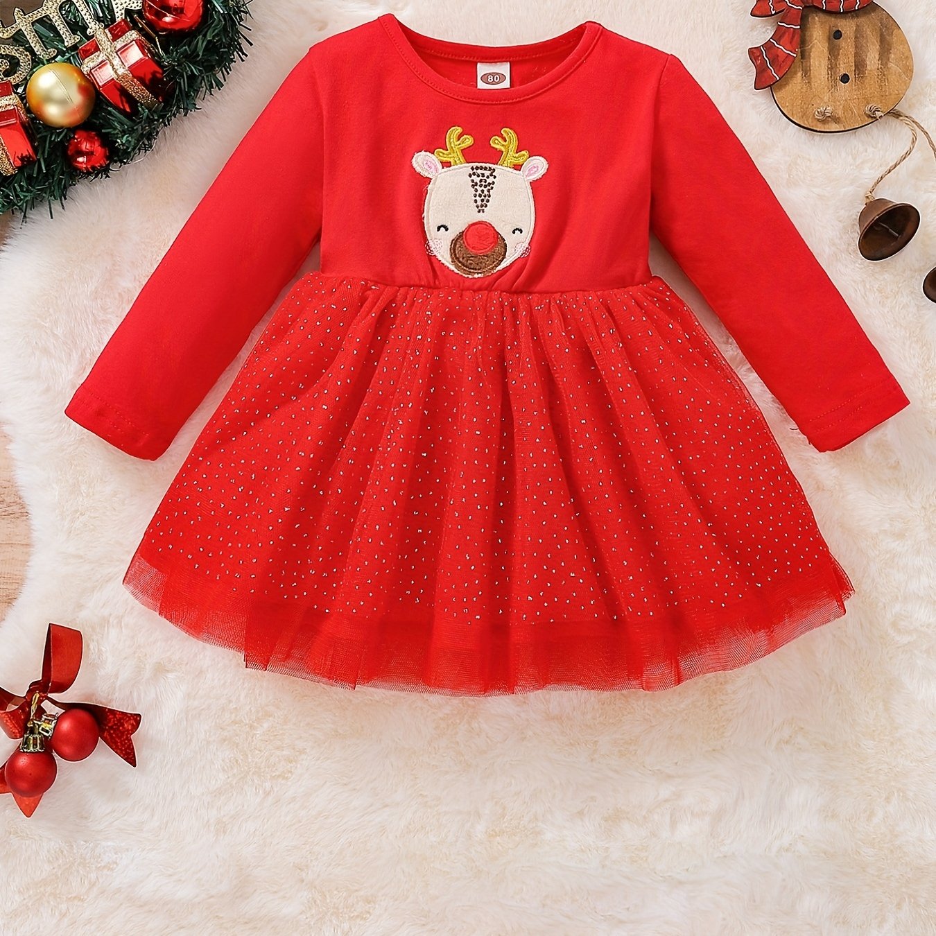 Baby Girls Christmas Fawn Patch Snowflake Dot Mesh Skirt Swing Dress