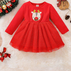 Baby Girls Christmas Fawn Patch Snowflake Dot Mesh Skirt Swing Dress