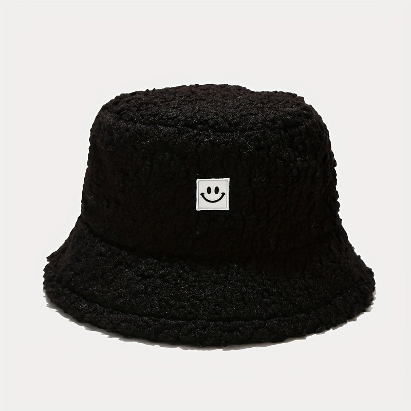 Unisex Sunshade Fleece Bucket Hat with Smile Face Patch - Double Sided Sun Hat