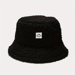 Unisex Sunshade Fleece Bucket Hat with Smile Face Patch - Double Sided Sun Hat