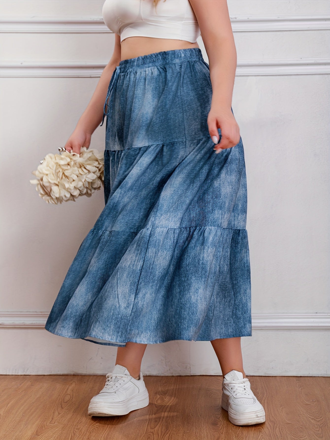 Ombre Denim Print Elastic High Rise Maxi Skirt