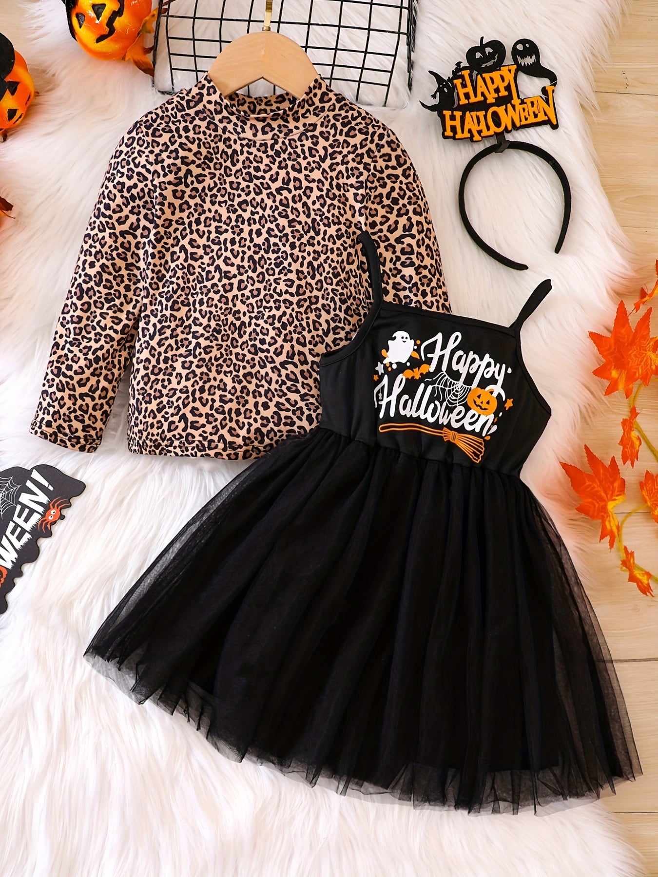 Girl's Mesh Sundress & Leopard Pattern Top Set