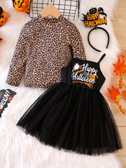 Girl's Mesh Sundress & Leopard Pattern Top Set